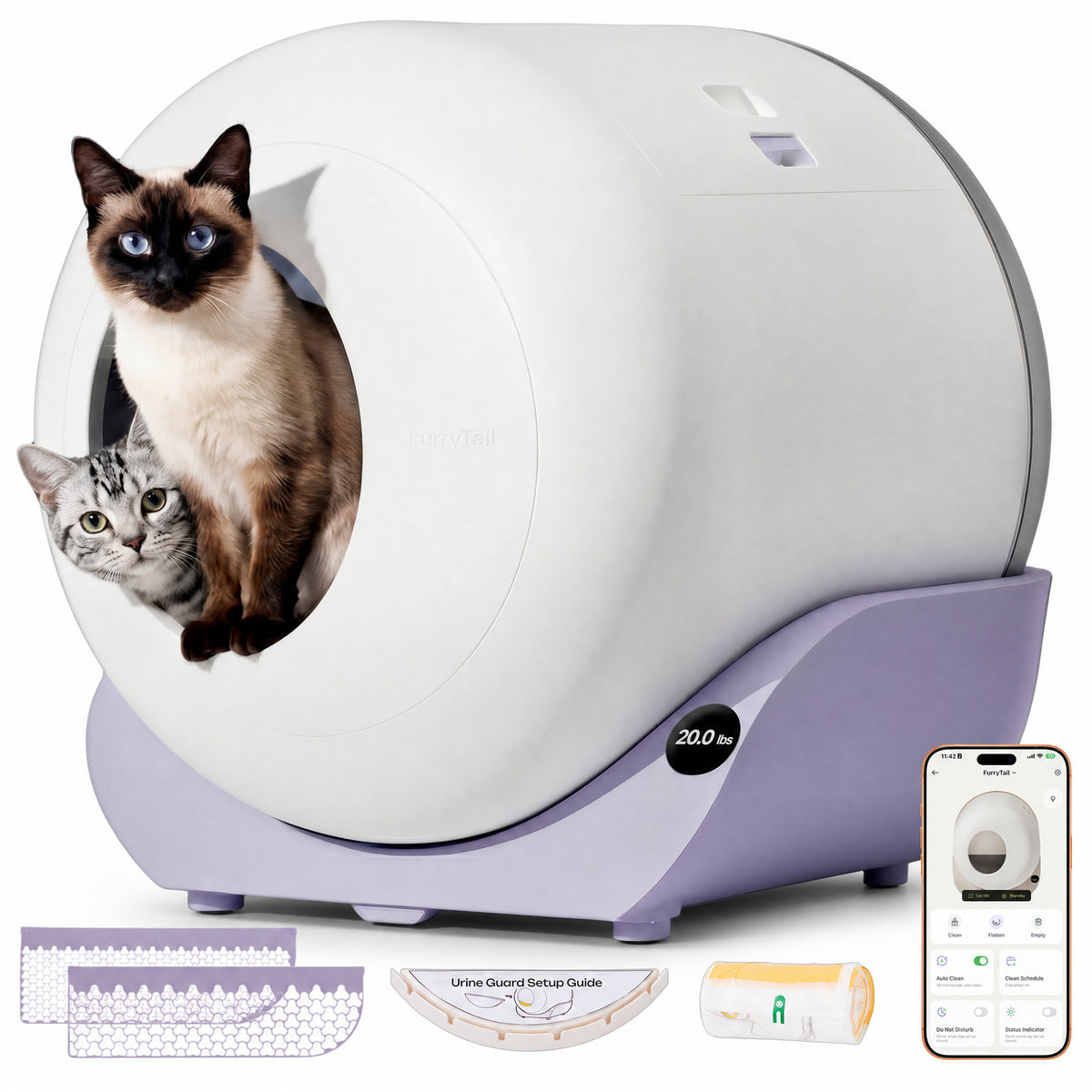Furrytail Large Automatic Litter Box Self Cleaning for Multiple Cats with App Control, Odor & Leak Free, Purple