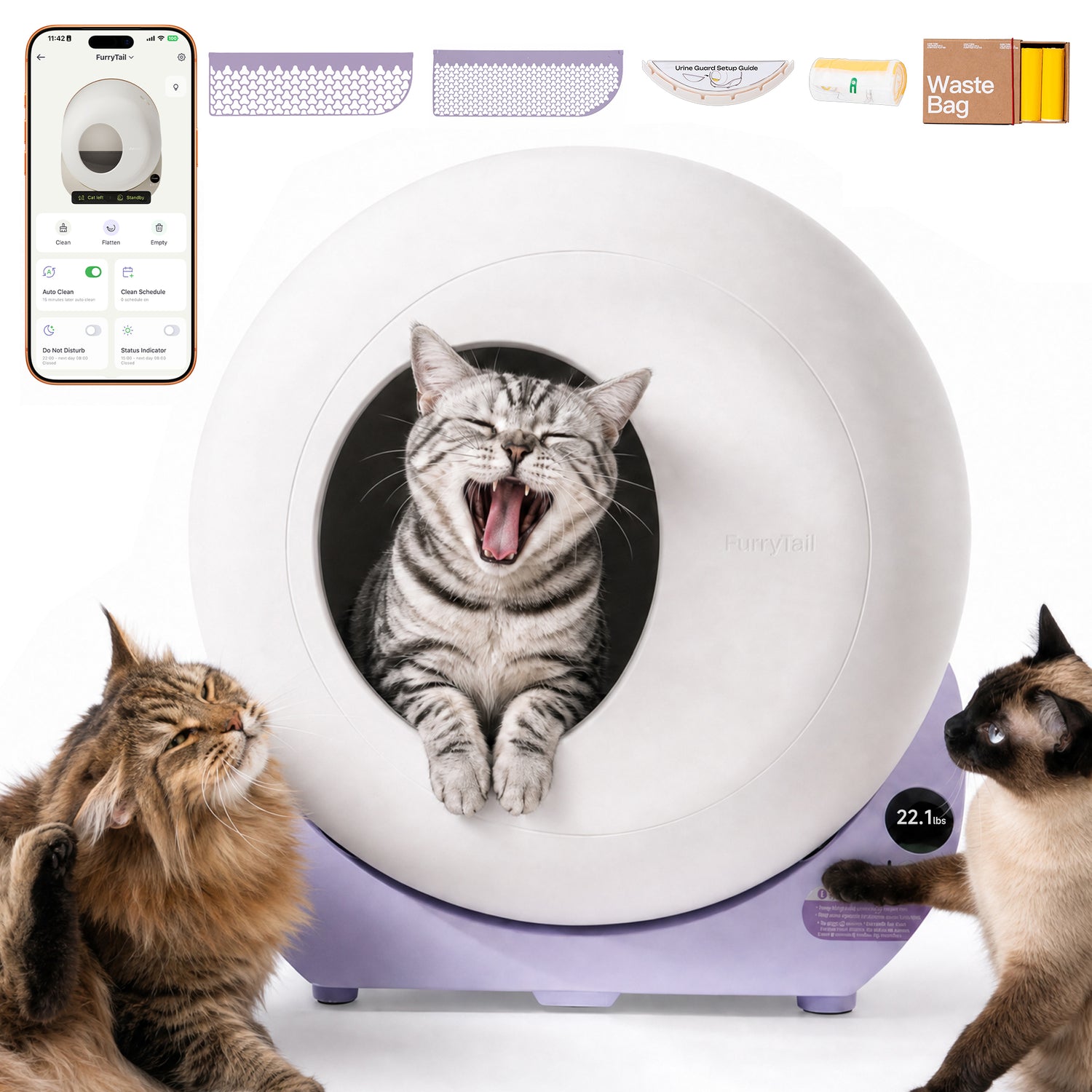 Furrytail Automatic Litter Box Self Cleaning with 120 Trash Bags, App Control, Advanced Odor & Leak Control, Large Capacity for Multi Cat Homes,Kitty Litter Box, Smart Safety Sensors, Purple