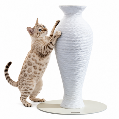 Furrytail Cat Scratching Post for Indoor Cats, Vase Cat Scratcher with Paper Rope, Modern Aesthetic Cat Tree, Cute Decorative Cat Furniture, Unique Cat Scratcher, 22'', White