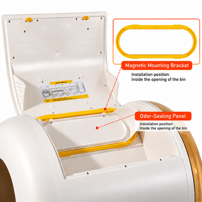 Open litter box top showing the magnetic bracket and odor-sealing panel locations