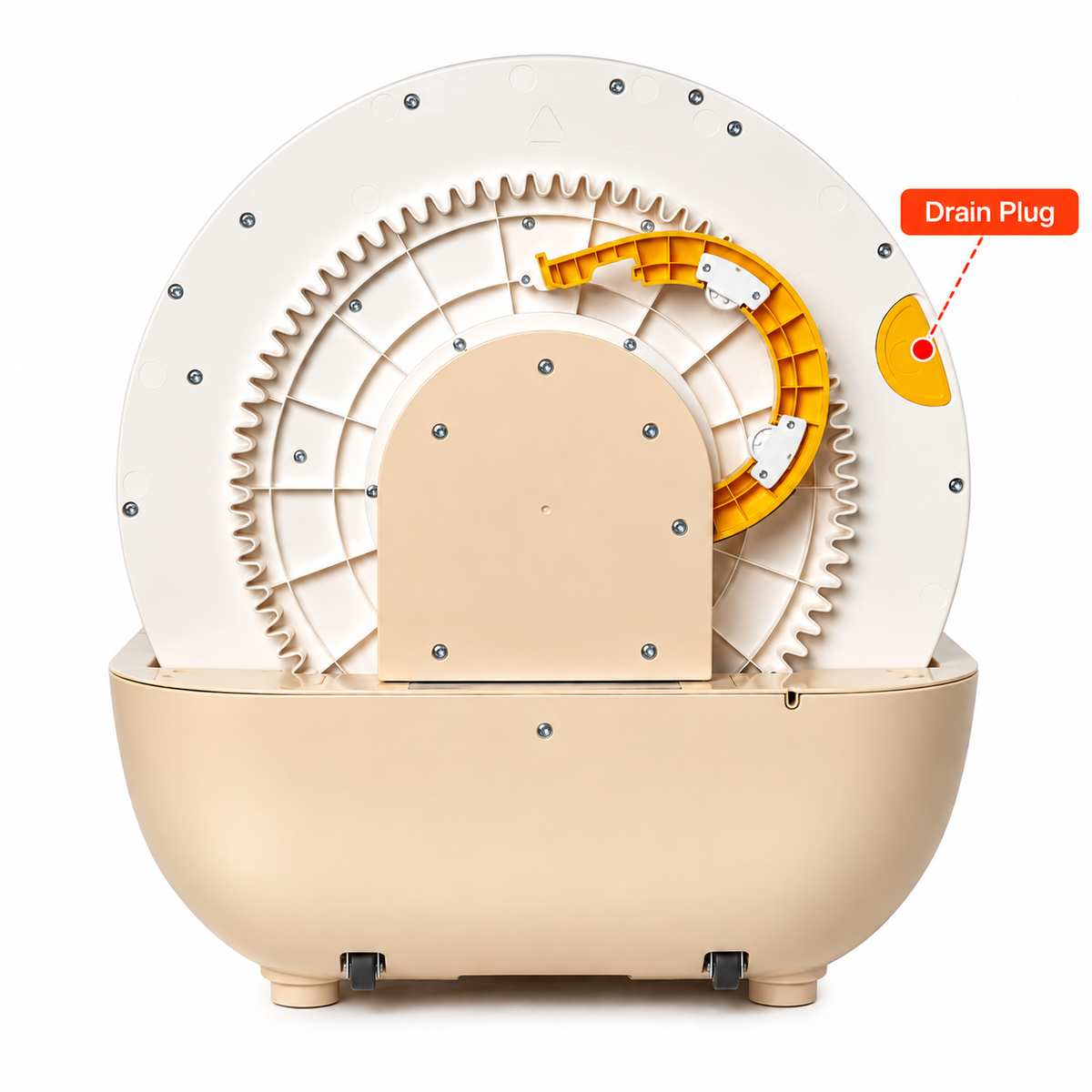Rear of the Automatic Litter Box Pro with the drain plug location marked