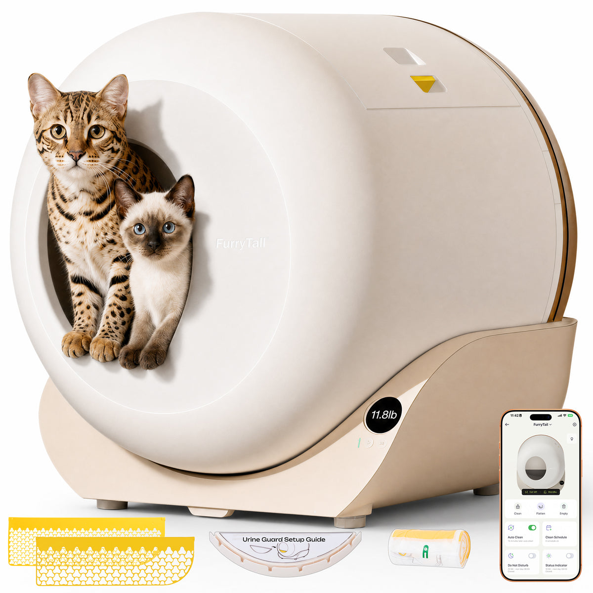 Furrytail Large Automatic Litter Box Self-Cleaning for Multiple Cats with App Control, Odor & Leak Free, Cream